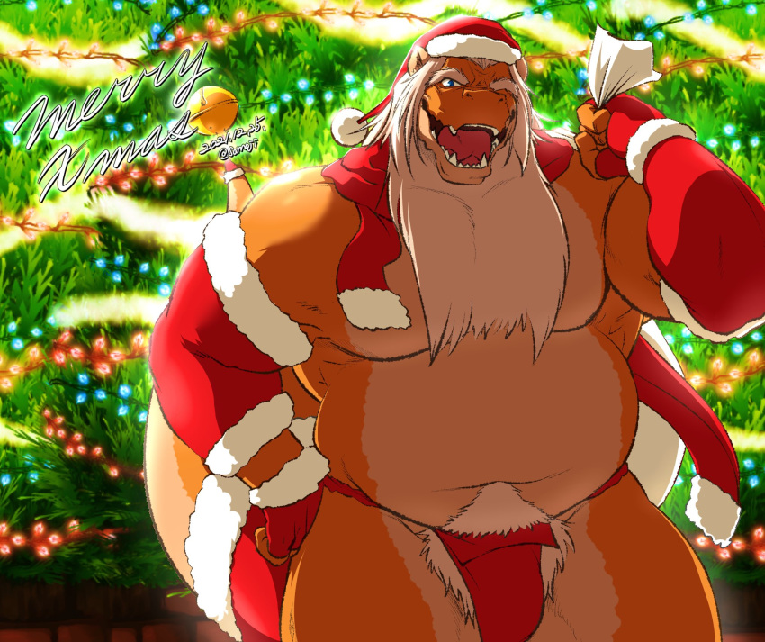 anthro beard belly christmas christmas_clothing christmas_headwear christmas_tree clothing costume dragon facial_hair hat headgear headwear hi_res holidays kemono long_beard looking_at_viewer male muscular overweight overweight_anthro overweight_male plant pubes samoji santa_costume santa_hat scalie smile solo tree