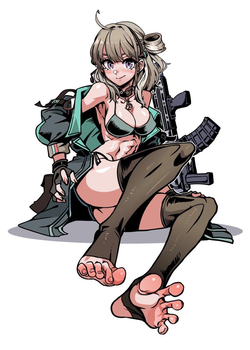 1girls absurdres ahoge ass assault_rifle bikini black_bikini black_gloves black_legwear blush breasts brown_hair butt choker cleavage collar cute detached_collar egirl feet female fingerless_gloves fringe ga320aaa girls'_frontline gloves grey_hair gun hair_bun hairband highres honey_badger_(girls'_frontline) jacket long_hair looking_at_viewer navel on_side pale-skinned_female petite presenting_ass purple_eyes rifle seductive_look side_bun side_ponytail sitting skinny slim small_ass smile soles solo stirrup_legwear swimsuit teenager thighhighs toeless_legwear toenails toes weapon white_background