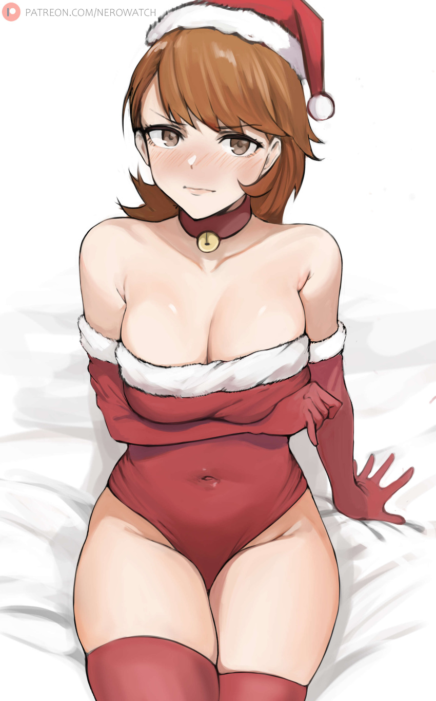 1girls :( arm_under_breasts bare_shoulders belly_button big_breasts brown_eyes brown_hair choker christmas_outfit cleavage clothing female legs_together leotard medium_hair nero_watch persona persona_3 red_legwear red_thighhighs santa_hat short_hair thighhighs thighs upset wide_hips yukari_takeba