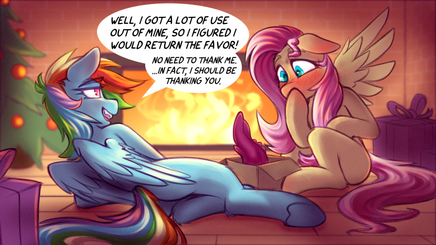 absurd_res anon_1515 ass blush christmas christmas_tree dildo equid equine female feral fire fluttershy_(mlp) friendship_is_magic gift hi_res holidays mammal my_little_pony pegasus plant rainbow_dash_(mlp) sex_toy tree wings