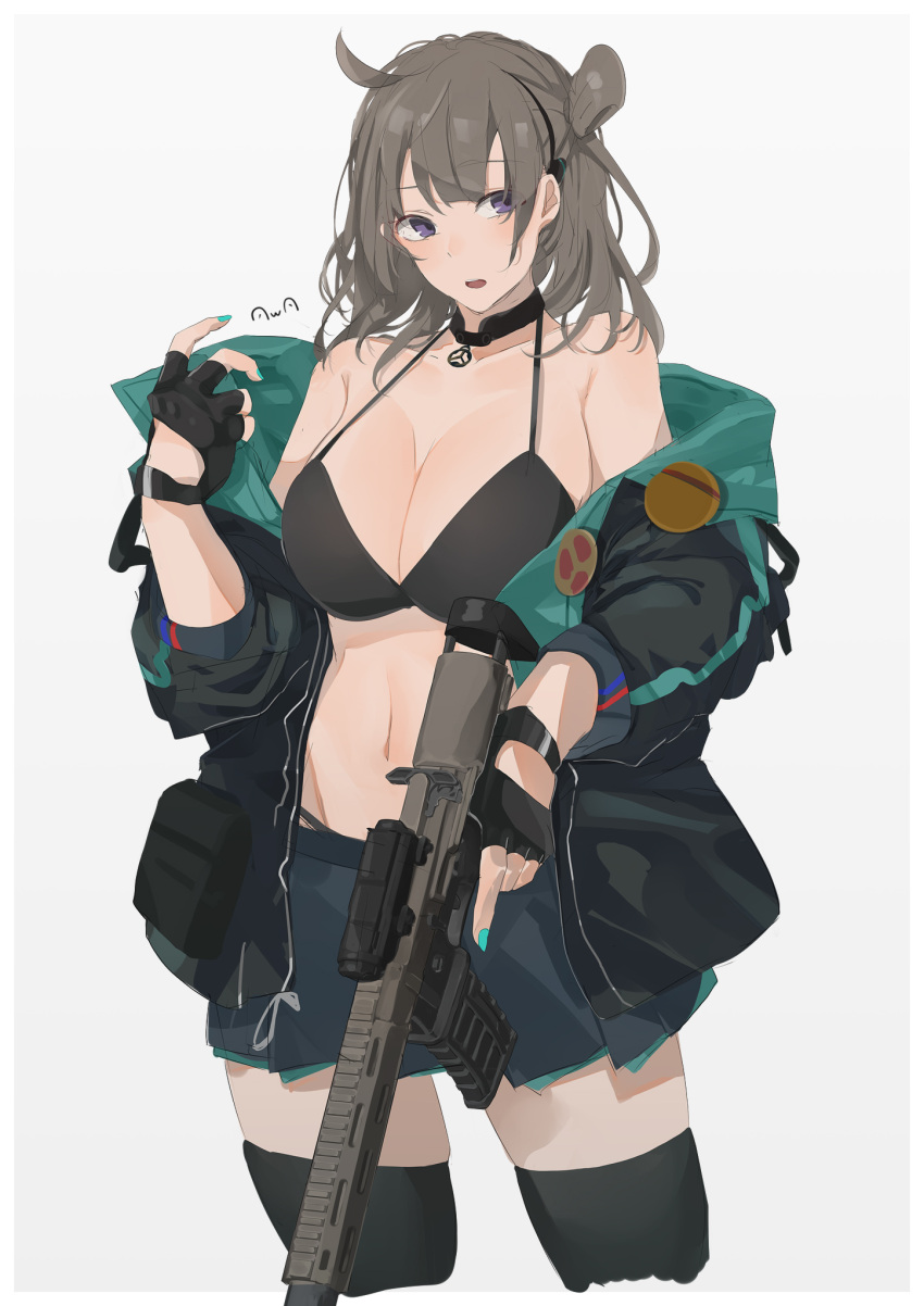 1girls aqua_nails aqua_skirt artist_name assault_rifle bare_shoulders black_bra black_choker black_gloves black_legwear blush bra breasts brown_hair choker cleavage collar collarbone cute egirl eyebrows_visible_through_hair feet_out_of_frame female fingerless_gloves fringe girls'_frontline gloves grey_hair gun hair_bun headphones highres holding holding_weapon honey_badger_(girls'_frontline) honey_badger_(gun) jacket jacket_pull long_hair looking_at_viewer medium_breasts multicolored_clothes multicolored_jacket nail_polish navel open_clothes open_jacket open_mouth pale-skinned_female petite purple_eyes rifle seductive_look shy side_bun side_ponytail skinny skirt slim solo standing sutekina_awa teenager thighhighs underwear weapon white_background