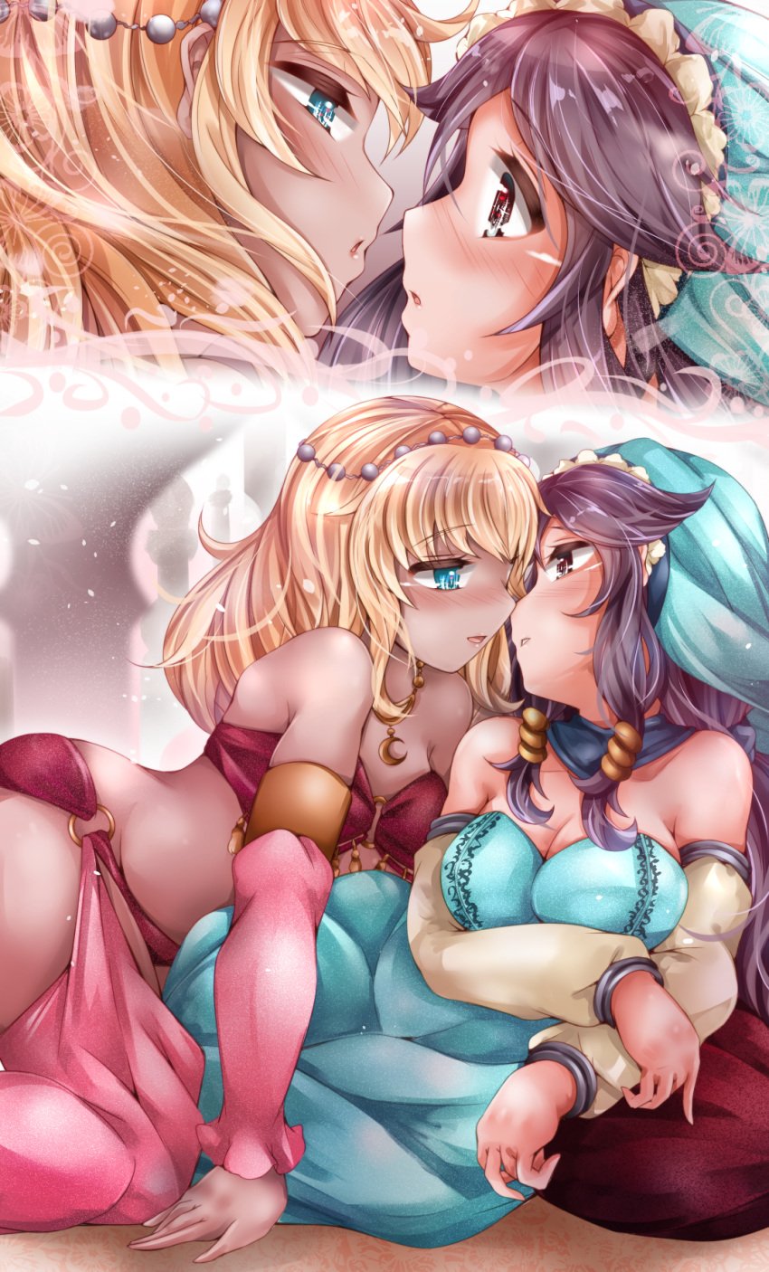 2girls arabian_clothes belly_dancer belly_dancer_outfit blonde_hair blue_eyes brown_eyes brown_hair cleavage dancer dancer_outfit dark_skin detached_sleeves harem_girl harem_outfit imminent_kiss large_breasts liliokajrozo multiple_girls original yuri