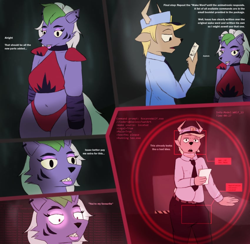 2021 animatronic antelope anthro bovid bulge canid canine canis clothing code comic duo ear_piercing english_text female five_nights_at_freddy's five_nights_at_freddy's:_security_breach genital_outline glowing glowing_eyes green_hair hair hi_res horn looking_at_viewer machine male male/female mammal mind_break note penis_outline piercing praise robot roxanne_wolf_(fnaf) scanning scottgames security_guard simple_background text uselesstwat video_games wolf