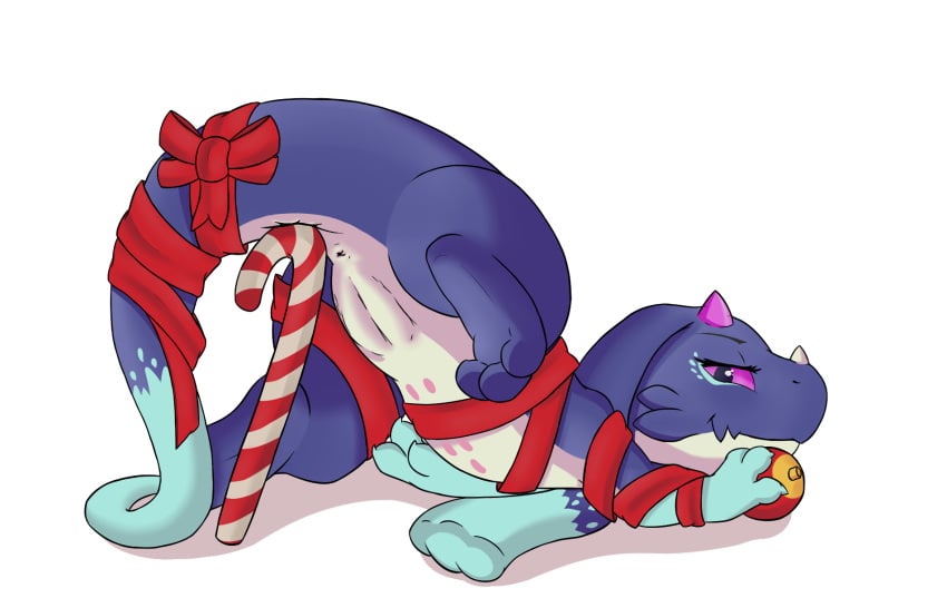 anthro anus ass ass_up azl_l blue_body blue_fur blue_hands blue_legs blue_tail bow candy christmas christmas_clothing clothing dessert dragon dragon_pussy earth_wyrm feet feirune female feral floppy_ears food fur genitals gloves_(marking) half-closed_eyes hi_res holidays horn looking_at_another looking_at_partner looking_back lying markings narrowed_eyes nude pet purple_eyes purple_horn pussy raised_tail scarf simple_background smile so_i'm_a_spider_so_what? solo spread_legs spreading tapering_tail toes white_background