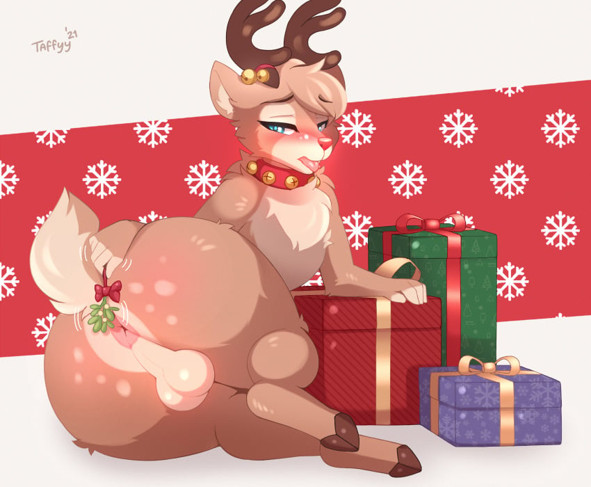 2021 anthro antlers anus ass backsack balls bell big_anus big_butt blue_eyes blush brown_body brown_fur capreoline cervid christmas collar collar_only fur genitals gift girly heart-shaped_butt hi_res holidays hooves horn inviting looking_back lying male mammal mistletoe narrowed_eyes nude on_side pink_anus plant presenting presenting_anus presenting_balls presenting_hindquarters red_nose reindeer rudolph_the_red_nosed_reindeer simple_background solo taffyy tongue tongue_out white_body white_fur