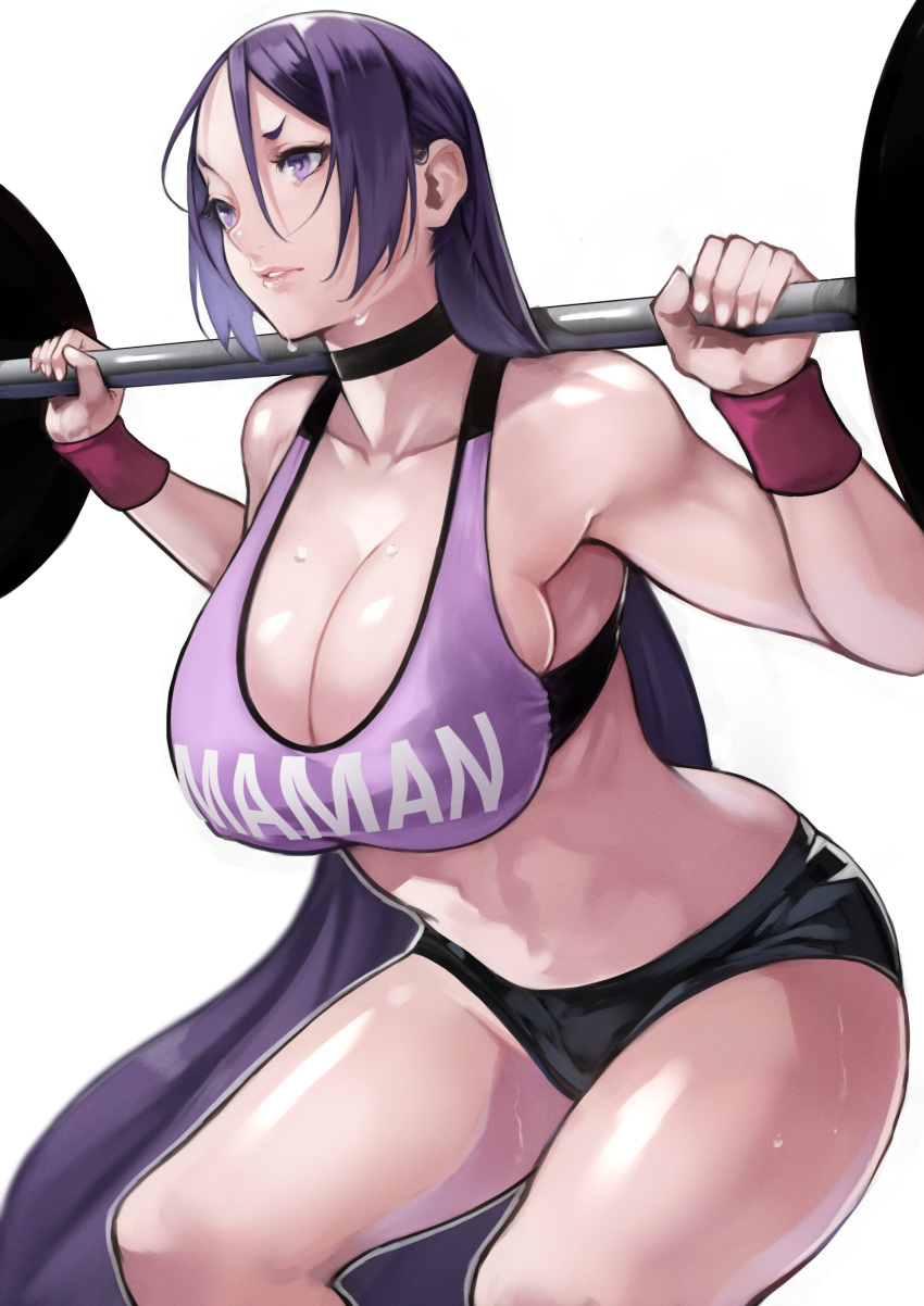 1girls barbell big_breasts breasts choker cleavage exercise fate/grand_order fate_(series) large_breasts long_hair minamoto_no_raikou_(fate/grand_order) shorts solo sports_bra sweat very_long_hair yoshi55level yoshio_(55level)