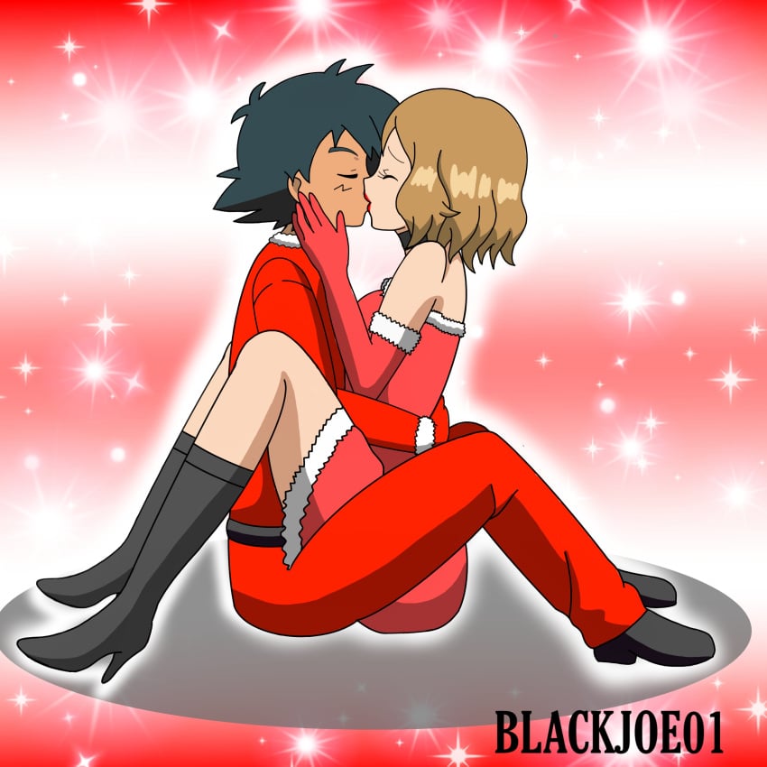 1boy 1girls amourshipping ash_ketchum asian_male_white_female black_hair blackjoe01 blue_eyes breasts canon_couple christmas clothed_sex clothing cum_in_pussy cum_inside dirty_blonde_hair female french_female honey_blonde_hair japanese_male kissing male panties penis pokemon pokemon_xy santa_costume satoshi_(pokemon) serena_(pokemon) showcase_outfit skirt stockings vaginal_penetration wholesome