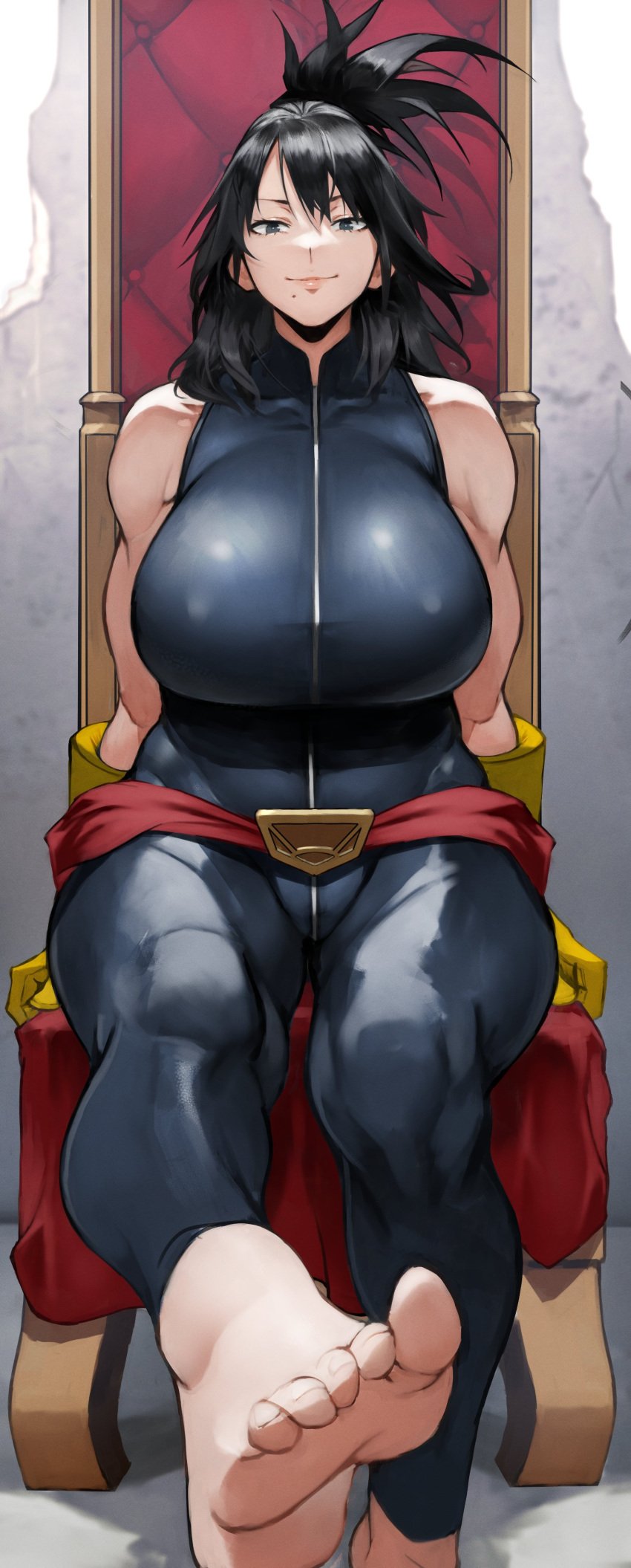 bare_shoulders barefoot belt big_breasts black_hair breasts chair feet feet_up foot_fetish fully_clothed gloves looking_at_viewer mature_female milf mole mole_under_mouth muscular muscular_female my_hero_academia nana_shimura presenting_feet shiny sitting skin_tight smiling superheroine thick_thighs throne toes yoshi55level