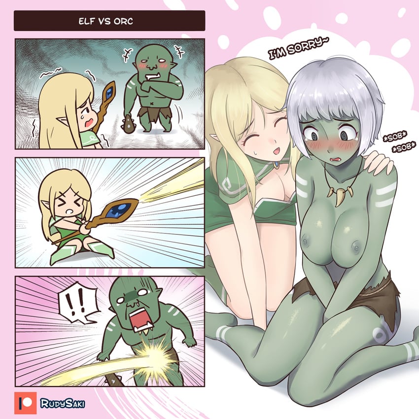 ! !! >_< 1:1 1boy 2021 2girls 4koma @_@ ^_^ accidental_circumstance ankle_markings arm_markings artist_name bald beam black_eyes blonde_hair blush body_markings breast_squeeze breasts chibi cleavage clothing club_(weapon) comic crying dialogue dress drooling dropping_object elf elf_female embarrassed english_text feet female fight gender_transformation genderswap_(mtf) green_dress green_eyes green_nipples green_skin groin_attack highres holding_club holding_staff jewelry kneehighs kneeling large_breasts light-skinned_female light_skin long_ears long_hair looking_at_another looking_down mage magic male medium_breasts monster multiple_girls navel necklace nipples no_bra open_mouth orc orc_female orc_male original patreon_username pervert pointy_ears rudy_saki rule_63 scared short_hair silver_hair sitting skirt smaller_female smile speech_bubble spiked_club spikes spoken_exclamation_mark staff standing sweat tears teeth text thigh_marking thighs tongue tooth_necklace topless torn_clothes transformation trembling tsf_4-koma v_arms wariza watermark weapon