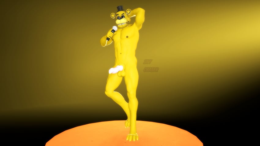 3d 3d_(artwork) anthro balls digital_media_(artwork) five_nights_at_freddy's genitals golden_freddy_(fnaf) hand_behind_head hi_res ingame_model male male/male mammal microphone muscular nipples paws penis scottgames sky_chaser solo source_filmmaker ursid video_games