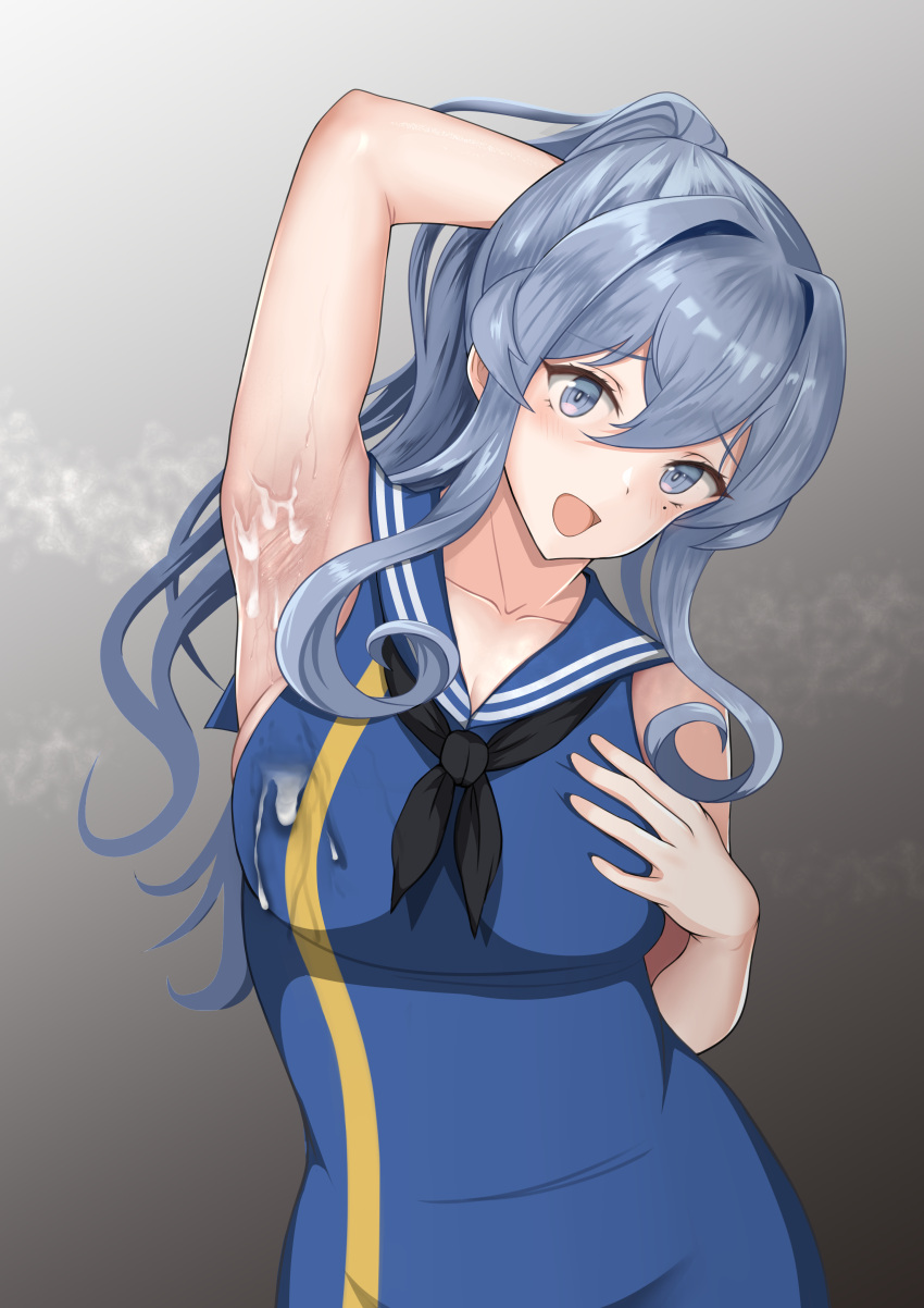 :d absurdres arm_behind_head arm_up armpits bajitohfu bangs black_neckerchief blue_dress blue_eyes blue_hair blue_sailor_collar blush cum dress eyebrows_visible_through_hair female gotland_(kantai_collection) gradient gradient_background hair_between_eyes hand_on_own_chest highres kantai_collection long_hair looking_at_viewer mole mole_under_eye neckerchief open_mouth sailor_collar sleeveless sleeveless_dress smile solo standing upper_body