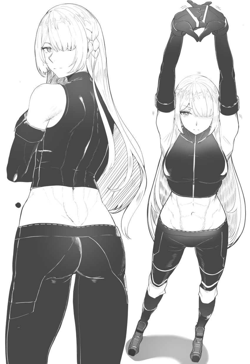 abs absurdres ak-15_(girls'_frontline) armpits arms_up ass back bangs bare_shoulders braid breasts chiyo_goya crop_top elbow_gloves female from_behind full_body girls'_frontline gloves greyscale hair_over_one_eye highres interlocked_fingers long_hair looking_at_viewer medium_breasts monochrome multiple_views muscular simple_background single_braid standing stretch very_long_hair white_background