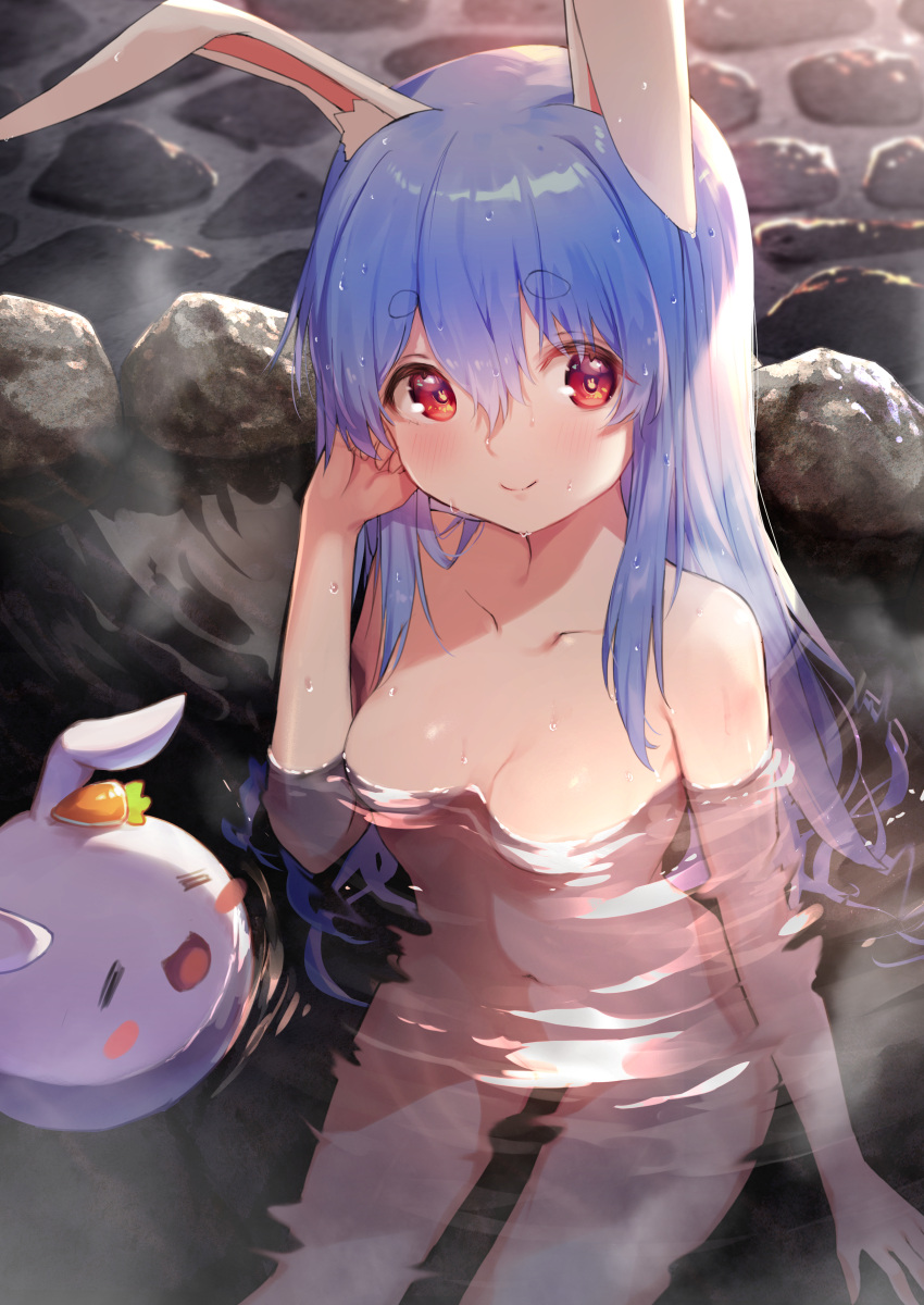 absurdres animal_ear_fluff animal_ears bangs blue_hair blush breasts bunny-shaped_pupils bunny_ears closed_mouth collarbone commentary_request completely_nude eyebrows_visible_through_hair female hair_ornament highres hololive hololive_fantasy hololive_japan kutar22 long_hair looking_at_viewer navel nousagi_(usada_pekora) nude onsen partially_submerged rabbit_ears red_eyes short_eyebrows sitting small_breasts smile solo stomach symbol-shaped_pupils thick_eyebrows usada_pekora virtual_youtuber water wet wet_hair