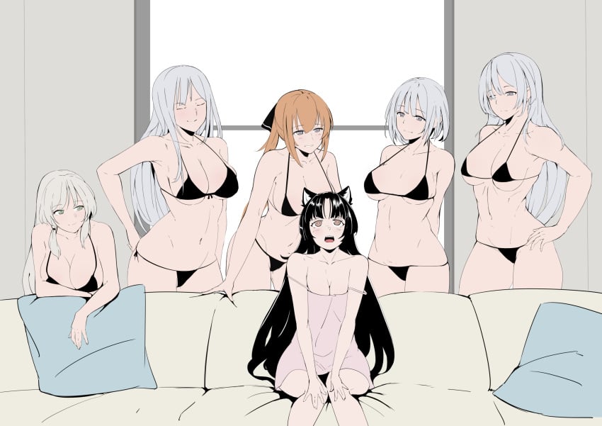 6+girls ak-12_(girls'_frontline) ak-15_(girls'_frontline) an-94_(girls'_frontline) animal_ears arknights bikini black_hair breasts brown_hair closed_eyes couch creator_connection cushion defy_(girls'_frontline) dog_ears dog_girl female female_only girls'_frontline highres imminent_sex large_breasts lingerie long_hair medium_breasts meme multiple_girls one_eye_closed parody piper_perri_surrounded rpk-16_(girls'_frontline) saga_(arknights) silver_hair small_breasts springfield_(girls'_frontline) swimsuit thong underwear xperiajoker yuri