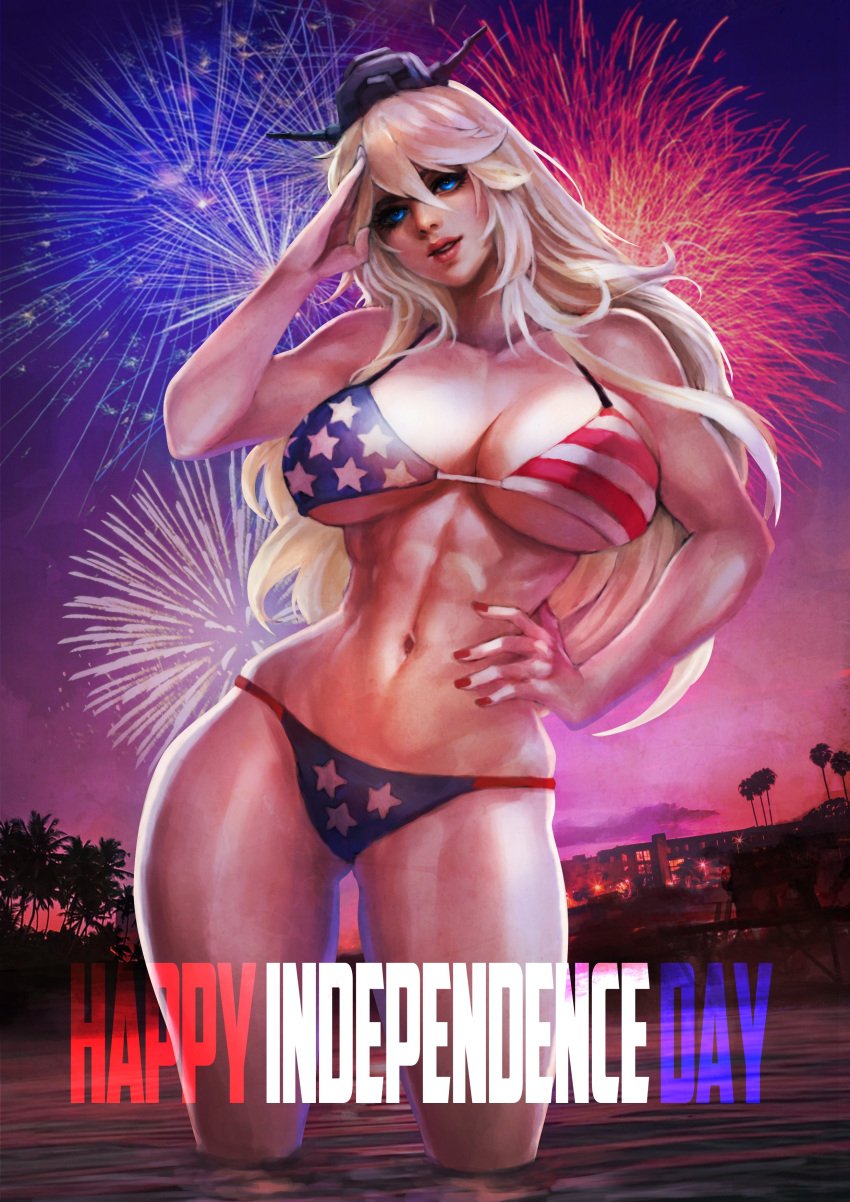 abs absurdres american_flag_bikini bikini blonde_hair blue_eyes breasts commission contrapposto female fireworks flag_print fourth_of_july hand_on_hip headgear highres huge_breasts iowa_(kantai_collection) kantai_collection long_hair monori_rogue monorirogue muscular muscular_female palm_tree photo_background realistic salute solo standing swimsuit tree underboob