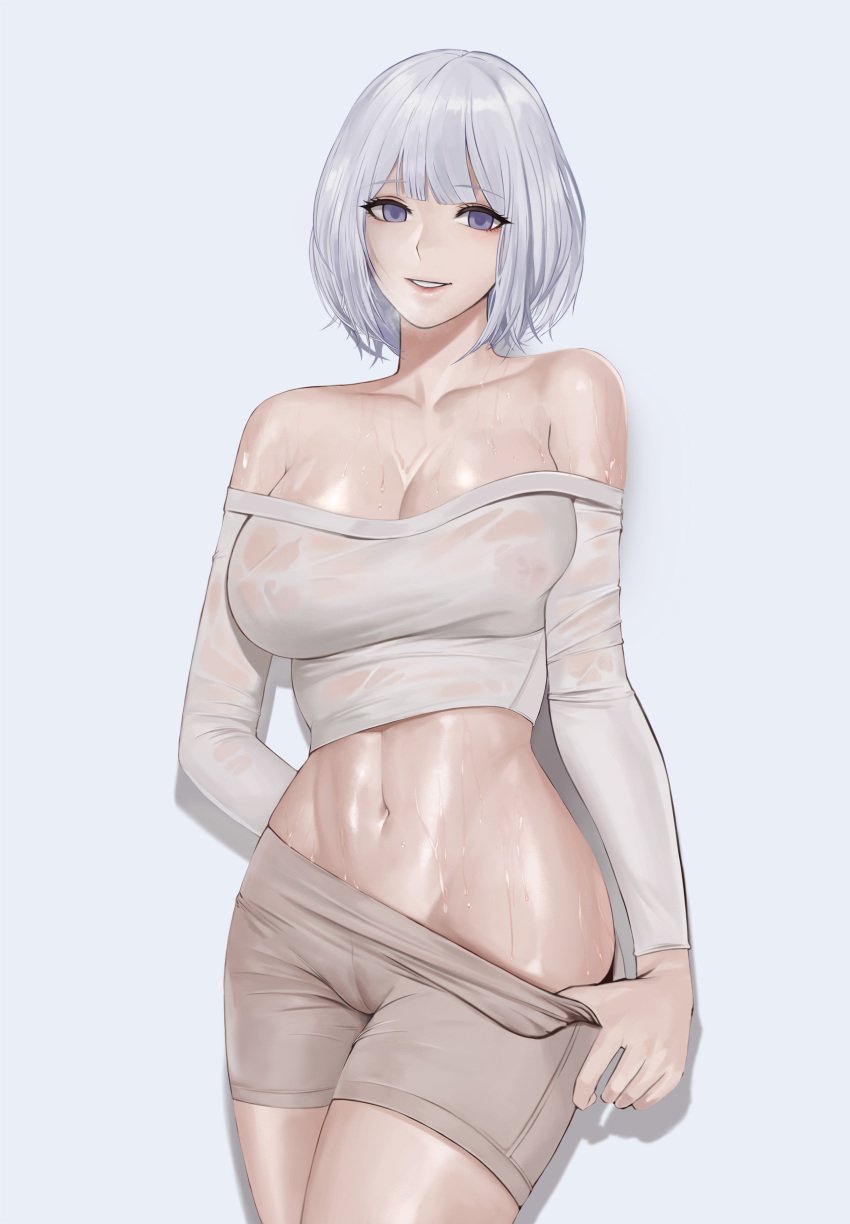 1girls abs absurdres bare_shoulders blue_eyes breasts cleavage covered_nipples crop_top eyebrows_visible_through_hair eyes_visible_through_hair female female_only gcg girls'_frontline grey_background highres large_breasts long_sleeves looking_at_viewer navel off-shoulder_shirt off_shoulder purple_eyes rpk-16_(girls'_frontline) seductive_smile shirt short_hair shorts shorts_pull silver_hair simple_background smile solo sweat wet wet_clothes wet_skin white_hair