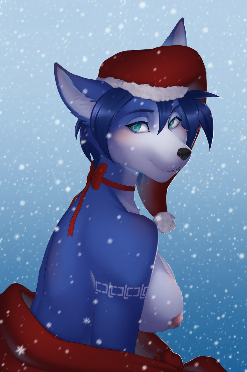 2021 anthro bedding big_breasts blanket blue_body blue_eyes blue_fur blue_hair blush breasts canid canine choker christmas christmas_clothing christmas_headwear clothing conditional_dnp digital_media_(artwork) digital_painting_(artwork) female fox fur fur_markings hair hat headgear headwear hi_res holidays inner_ear_fluff jewelry krystal mammal markings necklace nikoyishi nintendo nipples nude ribbons santa_hat shaded simple_background smile snow snowflake solo star_fox tuft video_games white_body white_fur