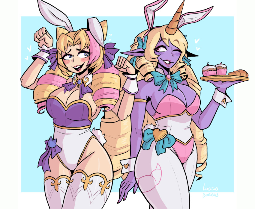 bunny_ears bunnysuit cafe_cutie_gwen cafe_cutie_soraka cafe_cuties_series gwen_(league_of_legends) holding_object holding_plate horn league_of_legends loggus_doggus purple_skin soraka twindrills