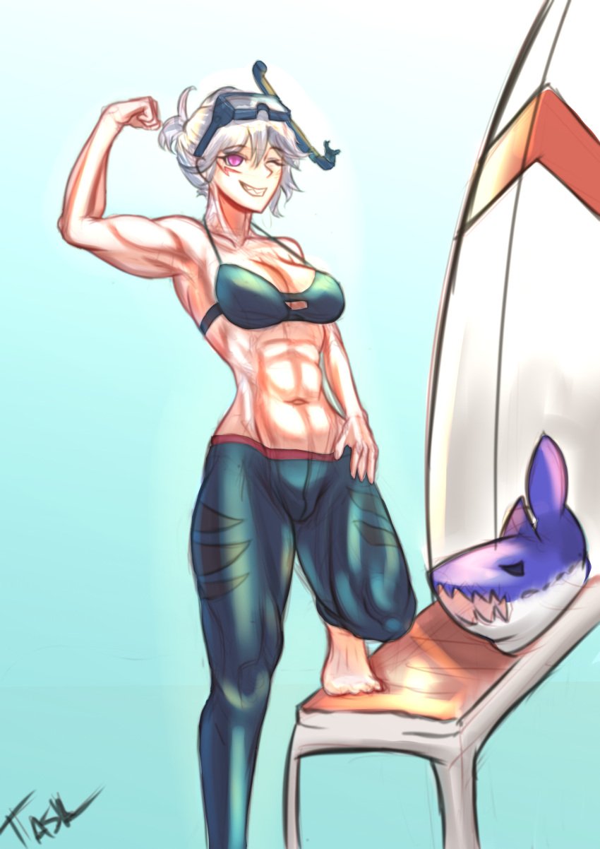 1girls abs artist_name barefoot bench bikini_top blue_background facial_tattoo flexing girls'_frontline goggles hair_tied large_breasts muscular_female navel plushie purple_eyes shark sharp_teeth silver_hair sl8_(girls'_frontline) snorkel surfboard swimming_goggles swimming_pants task-late