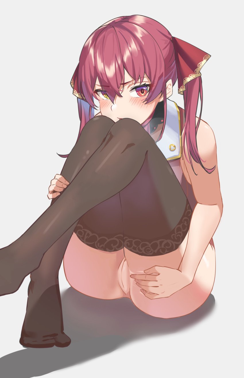 ass female hair_ribbon highres hololive hololive_fantasy hololive_japan houshou_marine looking_at_viewer medium_hair no_shoes open_mouth pussy red_hair reulem ribbon simple_background sitting solo thighhighs thighs twintails virtual_youtuber white_background