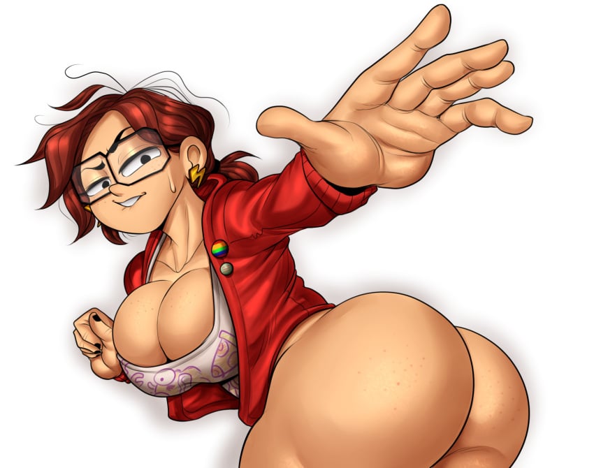 1girls ass big_ass big_breasts biting_lip breasts cleavage detnox female female_only freckles freckles_on_ass freckles_on_breasts hi_res katie_mitchell large_ass large_breasts looking_at_viewer pose red_hair solo the_mitchells_vs._the_machines thighs white_background