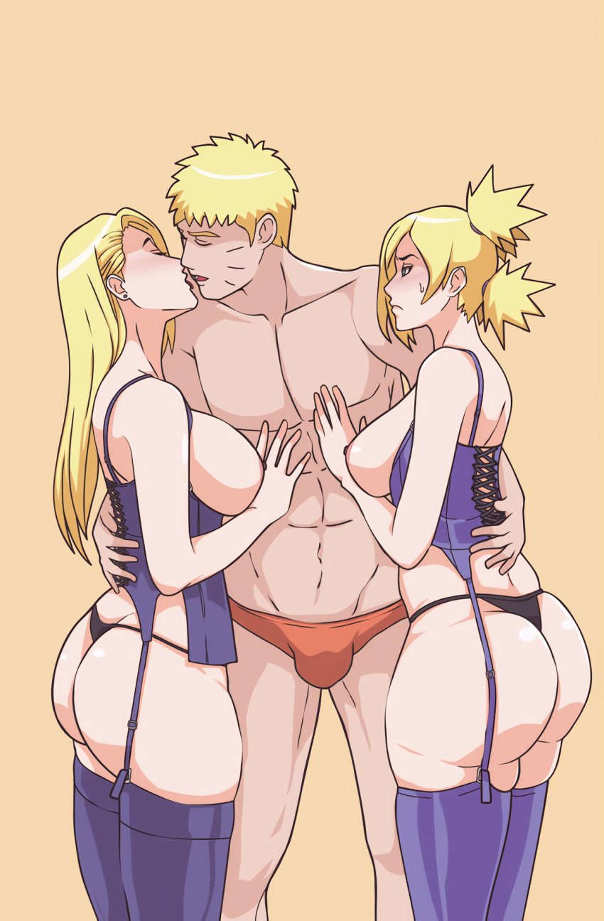 1boy 2girls after_kiss alternate_hairstyle annoyed ass ass_cleavage bare_legs bare_shoulders before_sex big_ass blonde_hair blush boruto:_naruto_next_generations breasts breasts_out briefs butt_crack closed_eyes corset curvy_female dat_ass earrings envy fat_ass garter_belt garter_straps genitals hair_down hair_over_one_eye highres hug indrockz indy_riquez ino_yamanaka jealous jewelry kissing legwear light-skinned_female light_skin lingerie long_hair looking_at_partner loose_hair multiple_females multiple_girls muscular_male naruto naruto_(series) netorare nipples no_bra open_clothes panties pimp plain_background quad_tails revealing_clothes round_ass sharing shirtless sideboob simple_background standing staring sweat sweatdrop teal_eyes temari thick_ass thong threesome tied_hair tongue tongue_out underwear untied uzumaki_naruto whisker_markings whiskers yellow_background