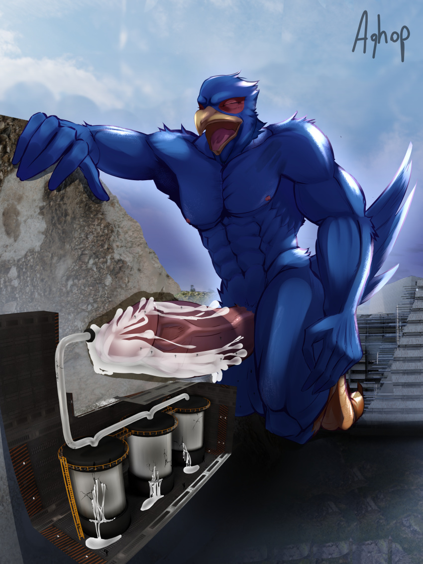 absurd_res aghop anthro avian bird blue_body bodily_fluids closed_eyes cum cum_inside erection falco_lombardi genital_fluids genitals hi_res internal machine macro male male_only milking_machine mountain nintendo orgasm penetration penile penis penis_milking solo star_fox tunnel video_games worship