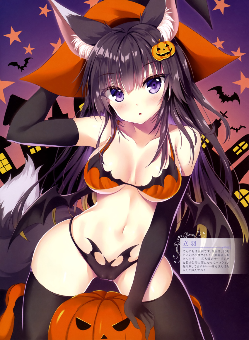 absurdres animal_ears bra cameltoe dengeki_moeou female female halloween highres kitsune original panties scan solo tail tateha_(marvelous_grace) thighhighs underwear wings