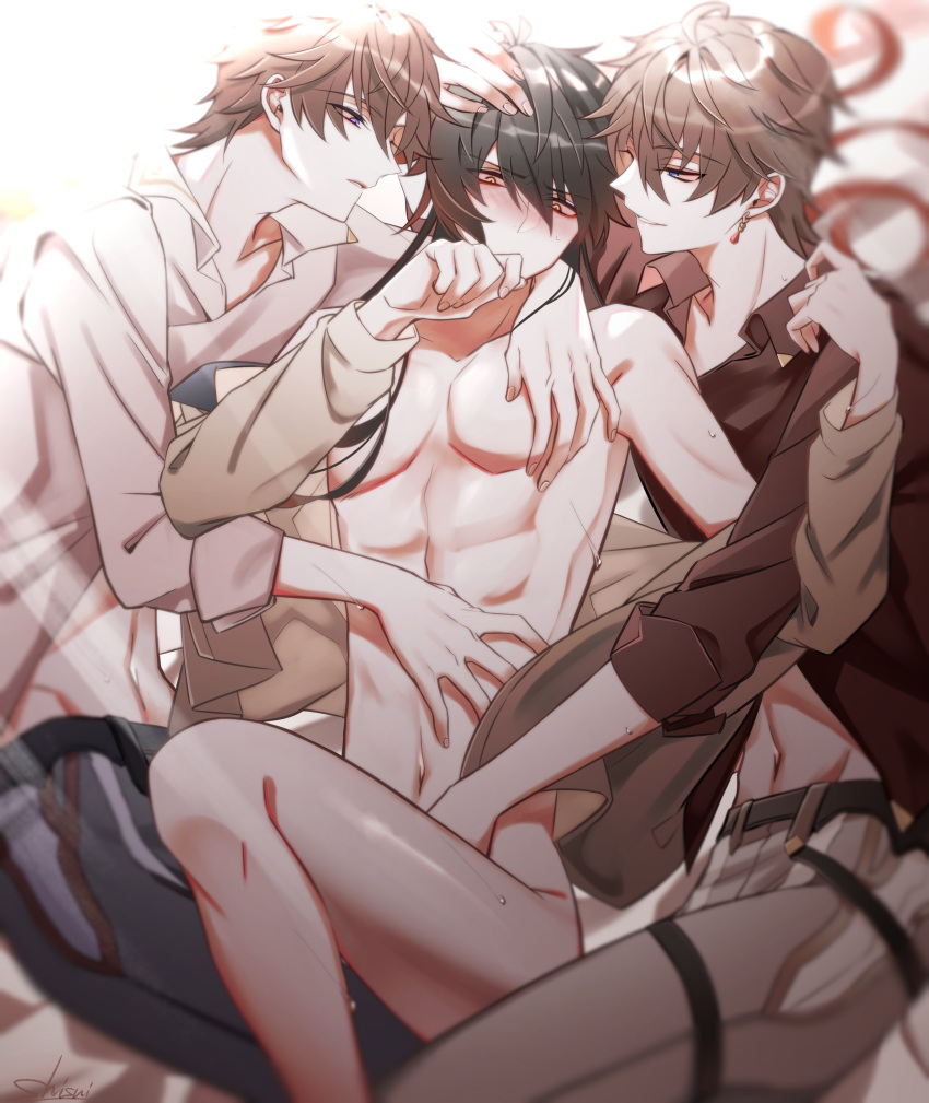 3boys absurdres bed black_skirt blush childe_(genshin_impact) from_side genshin_impact group_sex highres male male_focus multiple_boys nude open_mouth shirt shisui53 skirt tartaglia_(genshin_impact) threesome white_shirt yaoi zhongli_(genshin_impact)