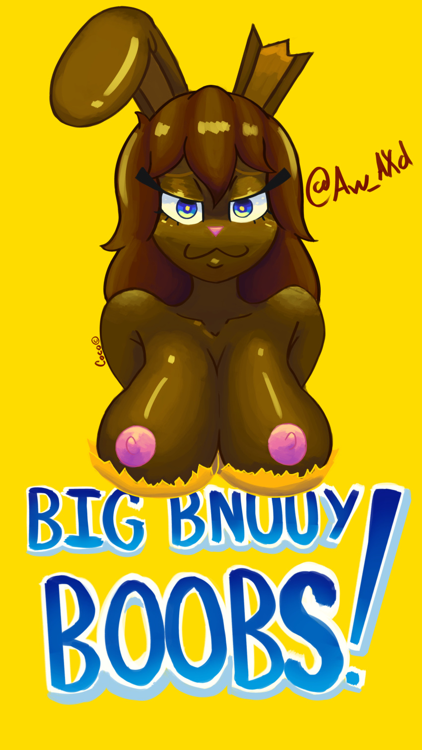 absurd_res anthro black_eyebrows black_eyelashes blue_eyes blue_text breasts brown_body brown_breasts brown_fur brown_hair brown_skin candy chocolate dessert elawaxd eyebrows female food food_creature fur glistening glistening_body glistening_breasts glistening_fur glistening_hair hair hi_res lagomorph leporid mammal nipples notched_ear pink_nipples pink_nose rabbit simple_background text triangle_nose yellow_background