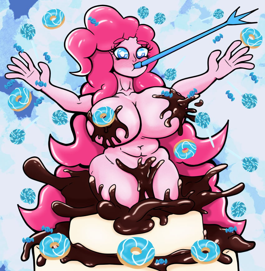 atwistedsinner big_breasts cake chocolate covered_nipples food food_play friendship_is_magic gigantic_breasts huge_breasts my_little_pony pink_hair pink_skin pinkie_pie_(mlp) shiny_hair shiny_skin straight_hair stripper_cake thick_thighs