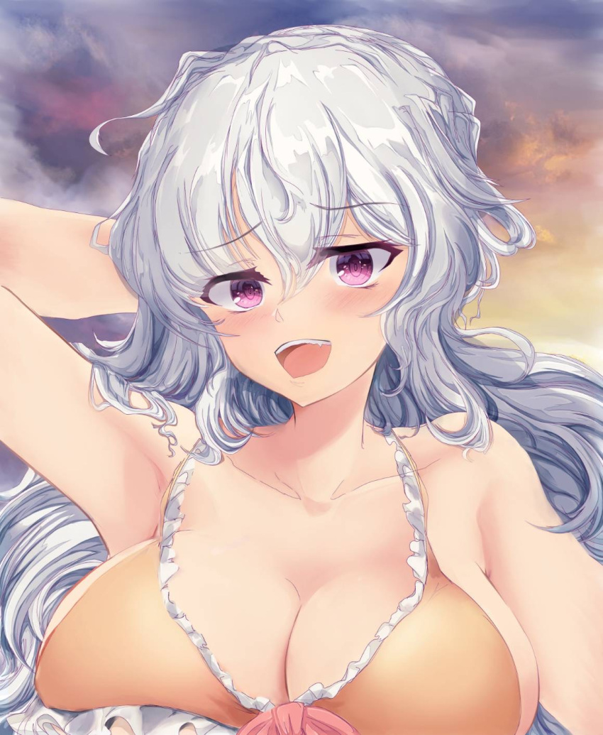 alternate_eye_color arm_behind_head armpits bikini bikini_top blush breasts brown_bikini cleavage close-up cloud cloudy_sky collarbone colored_eyelashes eyebrows_visible_through_hair female frilled_bikini frills highres large_breasts long_hair looking_at_viewer nemuno_sakata open_mouth pink_ribbon purple_eyes ribbon silver_hair sky smile solo sunset swimsuit touhou tunatume twilight upper_body wavy_hair