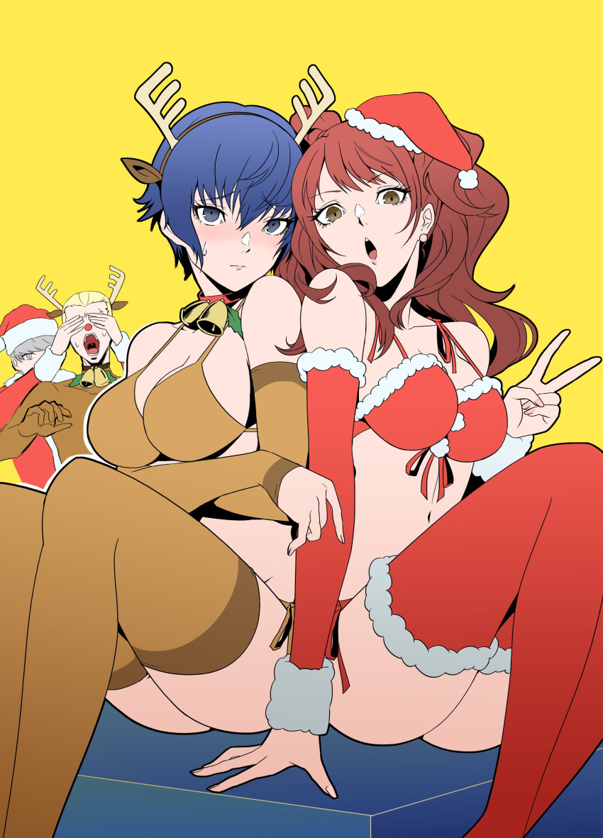 arm_sleeves bells blush bra breasts collar igusaharu kanji_tatsumi kujikawa_rise legwear narukami_yu persona persona_4 reindeer reindeer_antlers reindeer_costume santa_costume santa_hat shirogane_naoto tatsumi_kanji thighhighs thighs