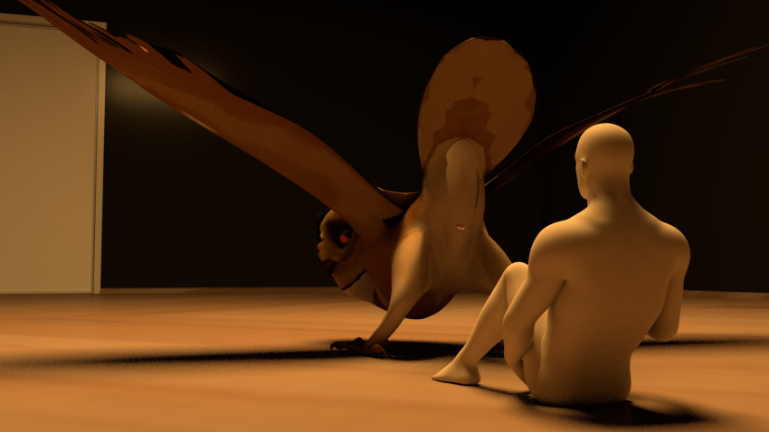 16:9 3d_(artwork) animal_genitalia ass avian barn_owl beak bird claws cloaca digital_media_(artwork) duo eviltyto feral genitals half-closed_eyes hi_res human male male/male mammal masked_owl narrowed_eyes owl presenting presenting_hindquarters smile smirk spread_legs spread_wings spreading teasing tytonid widescreen wings