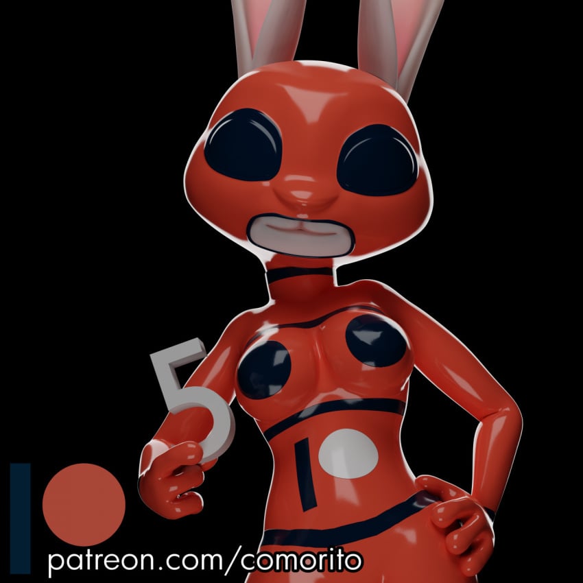 1:1 anthro bodysuit clothing comorito disney female hi_res judy_hopps lagomorph leporid mammal patreon_logo patreon_url promotional_art rabbit red_bodysuit rubber rubber_clothing rubber_hood rubber_suit solo text url zootopia zootropolis