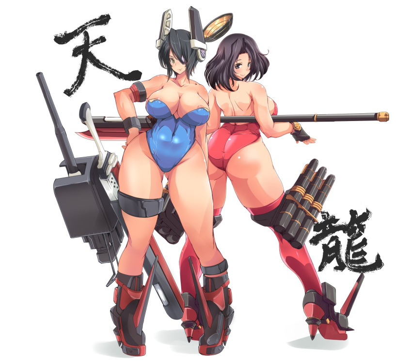 2girls areola_slip areolae ass bare_shoulders blue_leotard breasts cannon covered_navel eyepatch fingerless_gloves glaive gloves hand_on_hip headgear highleg highleg_leotard highres kantai_collection large_breasts leotard looking_at_viewer mechanical_halo multiple_girls notauchi_mawaru_ni-shiki playboy_bunny_leotard polearm purple_eyes purple_hair red_leotard short_hair tatsuta_(kantai_collection) tenryuu_(kantai_collection) weapon yellow_eyes