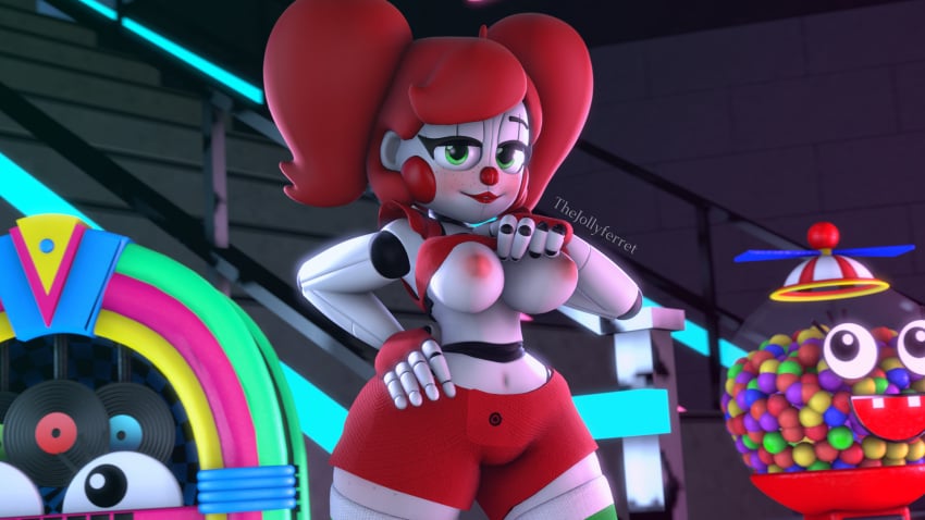 1girls 3d 3d_(artwork) baby_(fnafsl) breasts circus_baby circus_baby_(fnaf) clown five_nights_at_freddy's five_nights_at_freddy's:_sister_location flashing flashing_breasts green_eyes gumball_machine huge_breasts jollyferret jukebox leggings photoshop red_hair robot robot_girl robot_humanoid sfm shirt_lift shorts sister_location so87baby solo source_filmmaker summer_of_87_baby topwear white_body white_skin