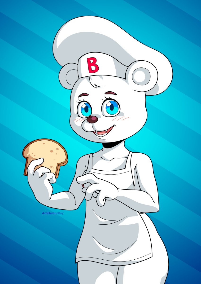 1girls 2d 2d_(artwork) 2d_artwork 4_fingers apron artidemonboy artist_name background bear bear_ears bimbo_(bakery) bimbo_bear blue_eyes blush blush_lines blushed bread chef_hat digital_media_(artwork) eyelashes flush flushed fur furry furry_female furry_only grupo_bimbo hi_res high_resolution highres hips mascots open_mouth simple_background smile smiling smiling_at_viewer teeth tongue white_body white_fur white_hair wholesome