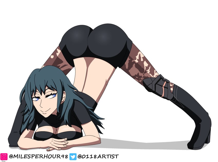 0118 1girls ass ass_in_air ass_up big_ass blue_eyes boots breasts byleth_(fire_emblem) byleth_(fire_emblem)_(female) cleavage cleavage_cutout clothed clothing face_down_ass_up female female_only fire_emblem fire_emblem:_three_houses jack-o_pose large_breasts leggings medium_hair nintendo pose smile solo spread_legs teal_hair white_background