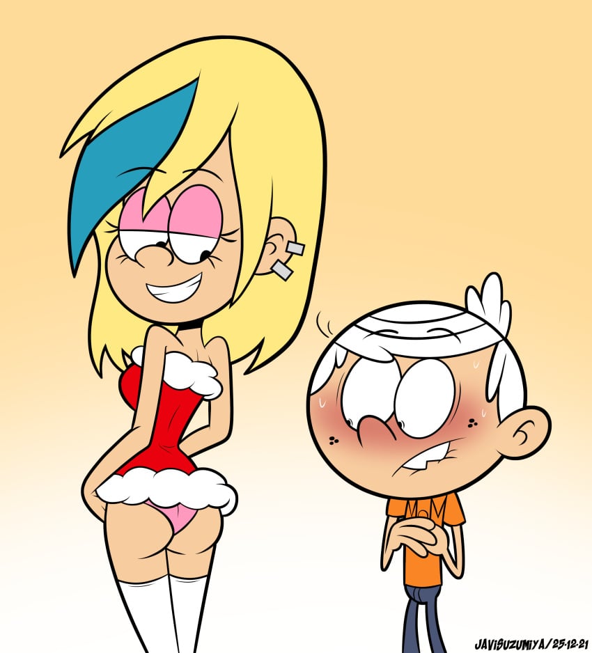 1boy 1girls ass ass_awe big_ass big_butt blonde_hair blue_stripes blush ear_piercing female javisuzumiya lincoln_loud looking_at_ass looking_at_butt looking_back male nervous nervous_face nervous_sweat nickelodeon panties pink_panties sam_sharp santa_claus_(cosplay) santa_costume smiling socks suggestive_smile sweat the_loud_house white_socks