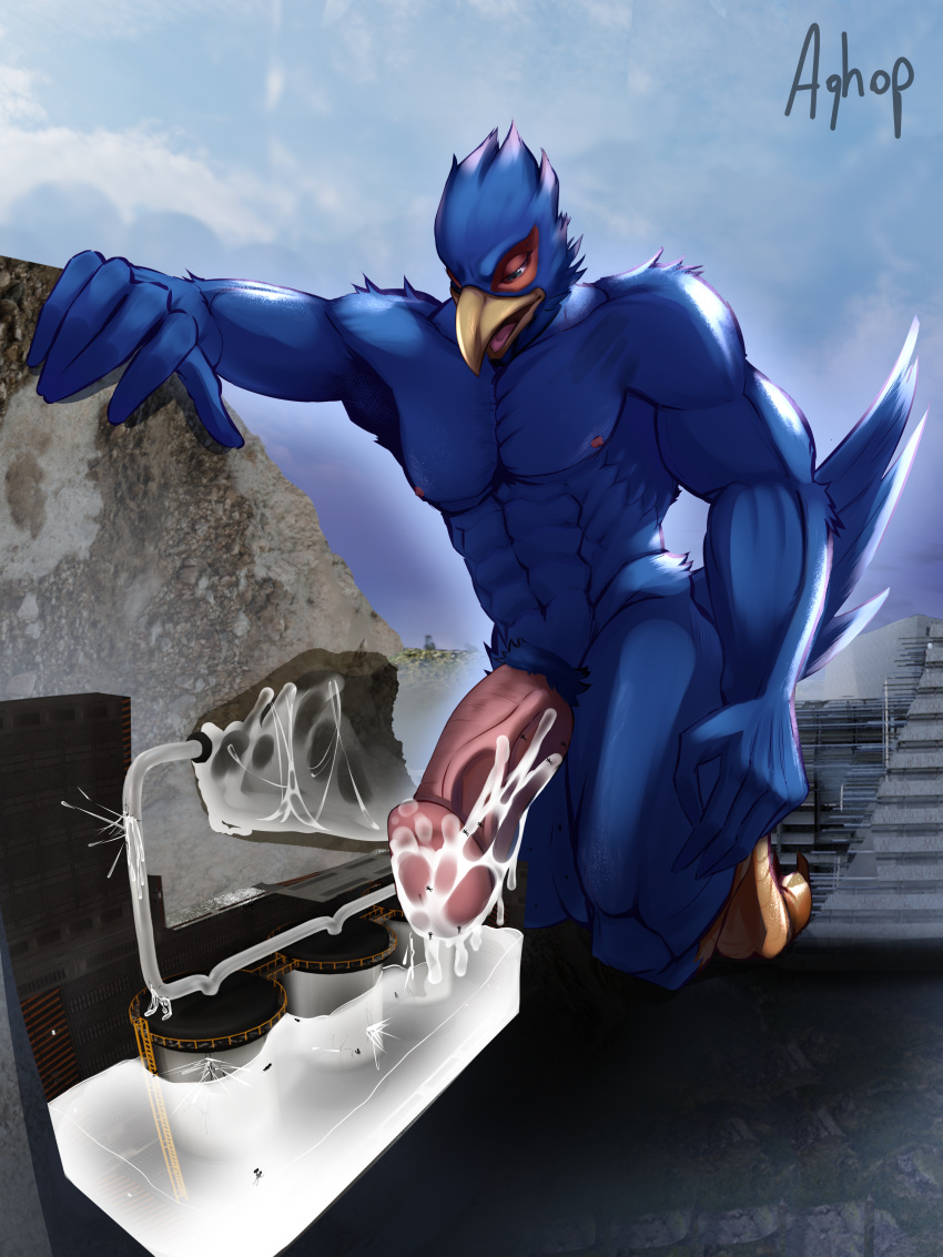 absurd_res after_sex aghop anthro avian bird blue_body bodily_fluids cum cum_inside excessive_cum falco_lombardi flaccid flooding genital_fluids genitals hi_res internal machine macro male male_only milking_machine mountain nintendo penetration penile penis penis_milking solo star_fox tunnel video_games worship