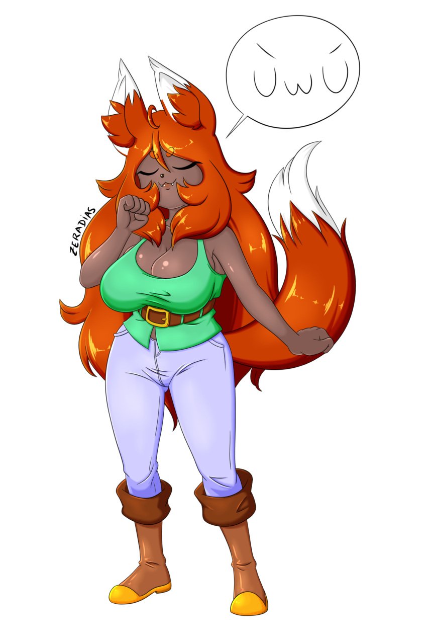 :3 big_breasts charm cleavage fox_ears fox_girl fox_tail jeans smug smug_face sussex terraria thick_thighs tight_clothing uwu zeradias zoologist_(terraria)