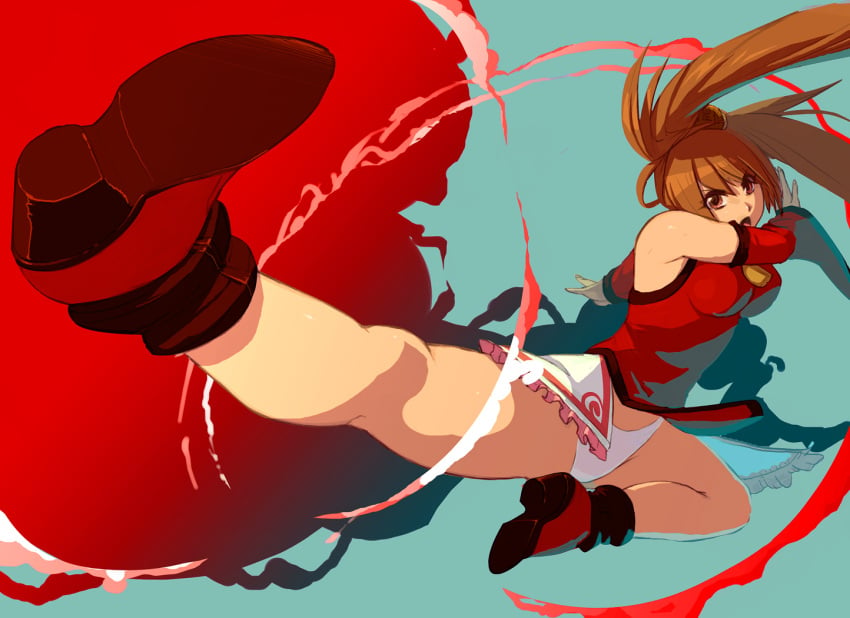 boots brown_eyes brown_hair fight guilty_gear kicking kondo_rui kuradoberi_jam looking_at_viewer panties skirt skirt_lift tagme thighs white_panties