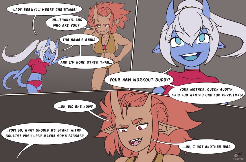 2girls blue_skin broken_horn chibi christmas comic dialogue horns nicoffee reina_bellith