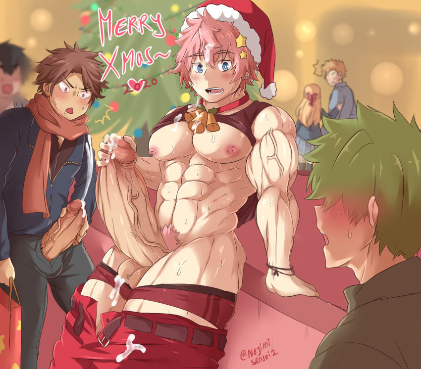 5boys abs admiring balls bara big_penis black_hair blonde_hair blue_eyes blush brown_hair christmas christmas_hat christmas_tree clothes cum ejaculation erection female gay green_hair highres jacket male_focus male_pubic_hair masturbation multiple_boys muscle muscles muscular muscular_male najimi-sensei nipples open_mouth pants pecs penis pink_hair pubic_hair scarf short_hair showing_off smile tank_top teeth testicles text thick_legs thick_thighs uncensored underwear veiny_penis watching yaoi