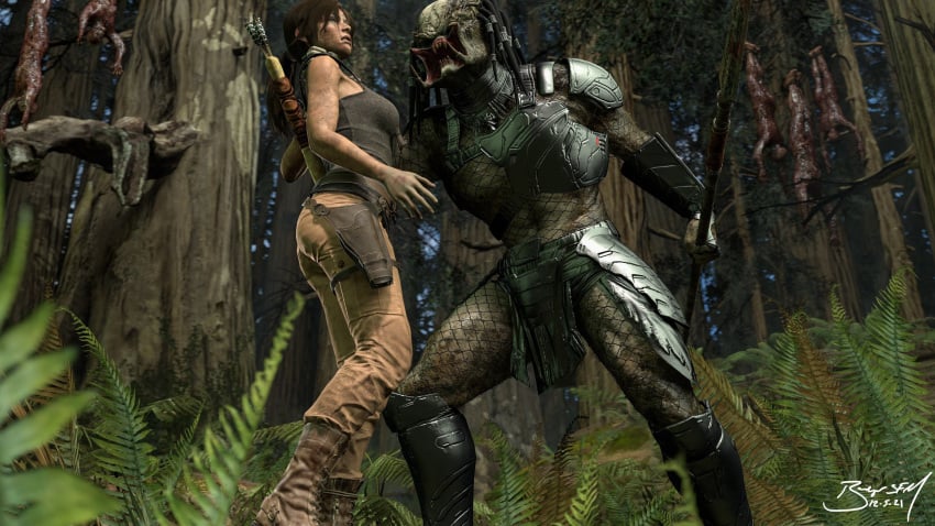 3d alien_vs_predator badgersfm choker crossover lara_croft lara_croft_(survivor) peril predator/prey predator_(franchise) ryona throat tomb_raider yautja