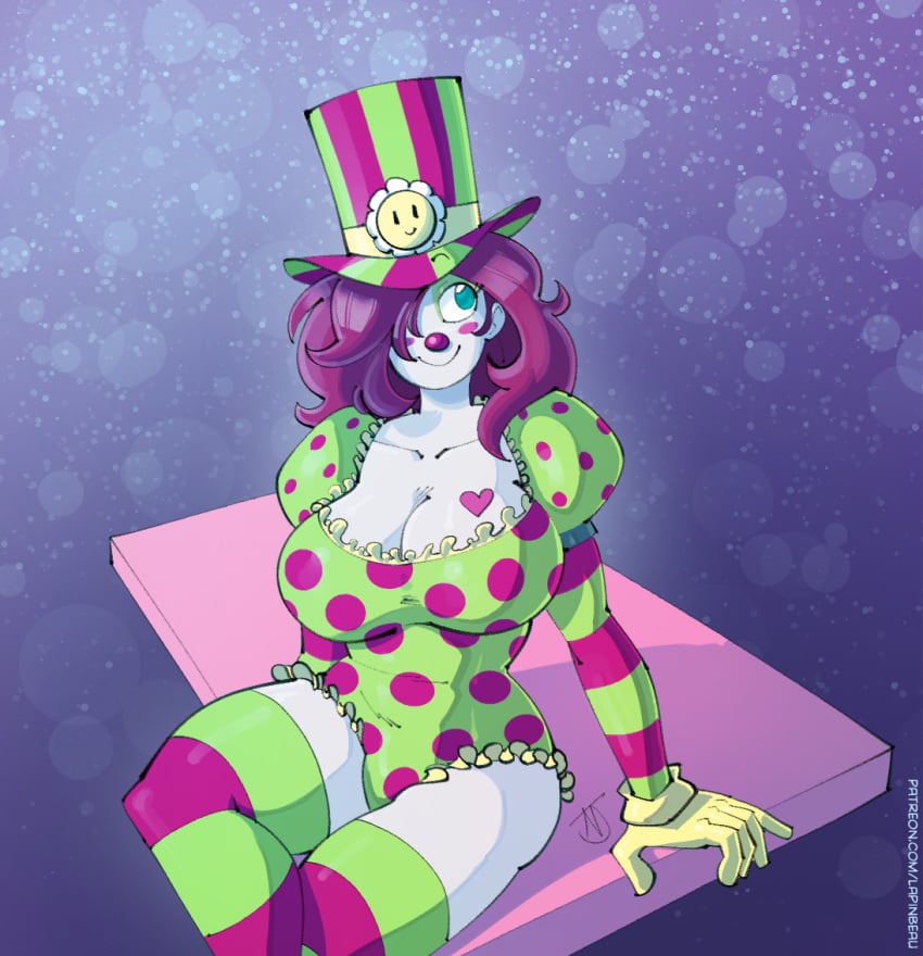 background big_breasts breasts cleavage clown clown_girl clown_makeup clown_nose female female_only gloves heart_tattoo lapinbeau large_breasts miss_honker stockings tagme top_hat