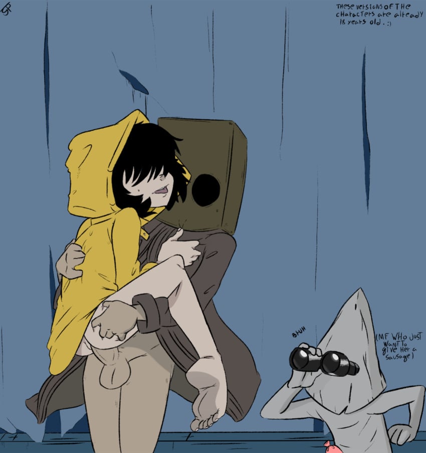 1boy 1girls aged_up ass_grab bag barefoot black_hair brown_clothing coat feet female hugging human little_nightmares little_nightmares_2 love male mono_(little_nightmares) mono_(little_nightmares_2) outerwear pale-skinned_female pale_skin penetration raincoat six_(little_nightmares) sr_pantruca stand_and_carry_position standing_sex watching yellow_jacket yellow_raincoat