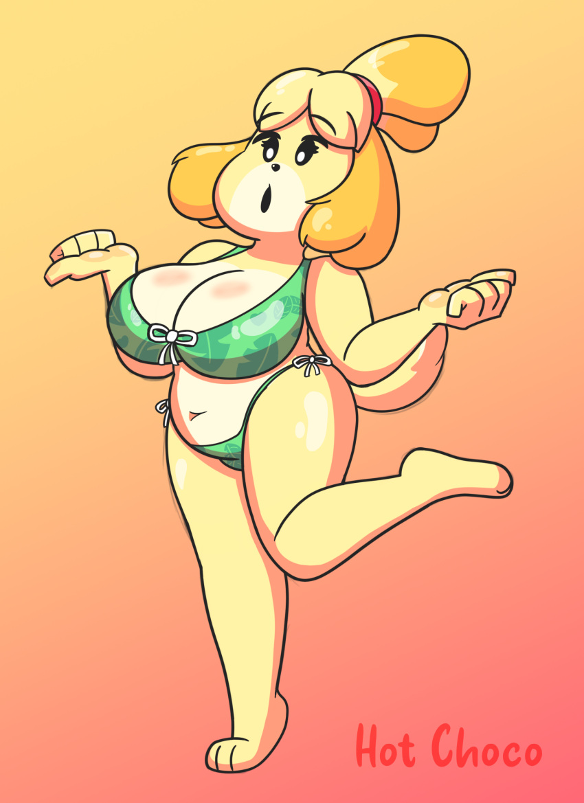 animal_crossing anthro big_breasts bikini chubby chubby_female furry furry_female furry_only green_bikini hot_choco isabelle_(animal_crossing) nintendo swimsuit tummy yellow_body yellow_fur