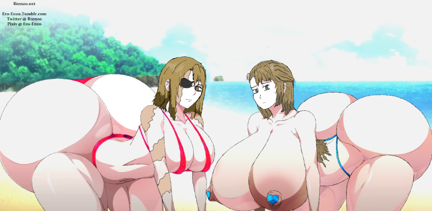 baccano! beach blonde_hair blue_swimsuit ero-enzo eye_patch glasses green_eyes hyper_ass hyper_breasts hyper_butt lua_klein nice_holystone phallphallpf red_swimsuit rtenzo smiling swimsuit